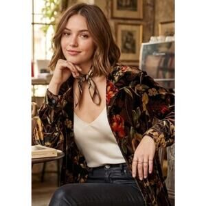 Sag Harbor Moody Colors Rose Print Velvet Button Up Blouse or Layering Shacket